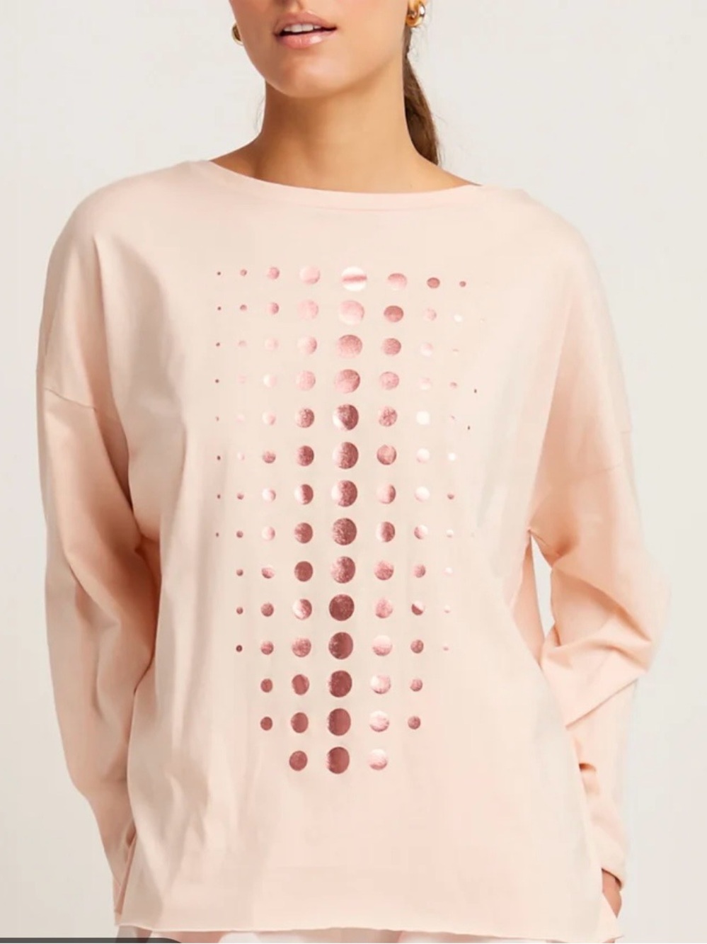 Pale Pink Long-Sleeve Tee with Metallic Dot Detail